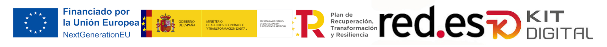 Logotipo Financiado por la Unión Europea, Plan de Recuperación, Transformación y Resiliencia, red.es y Kit Digital